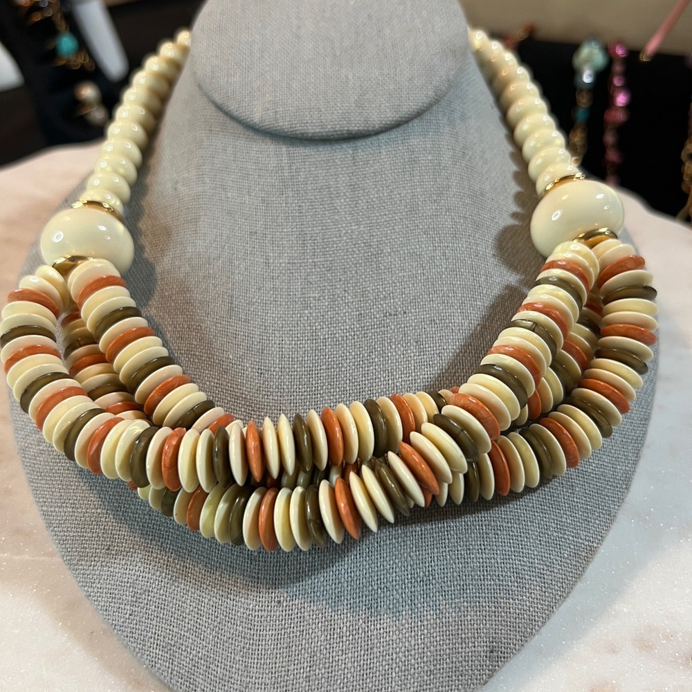 Trifari TM Lucite Necklace with Rust Cream and Brown Beads 17.5”